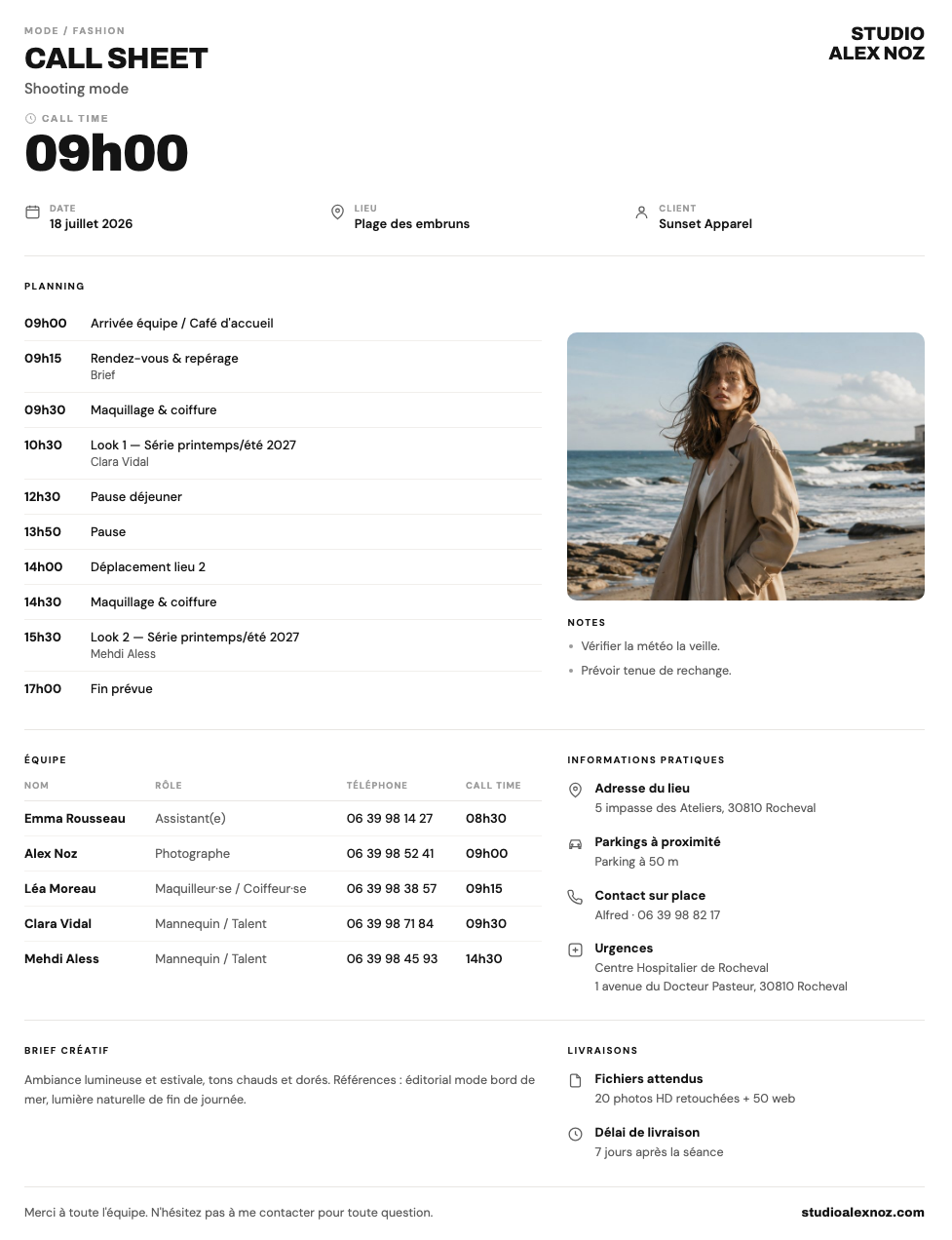 Un call sheet complet généré par Eidion